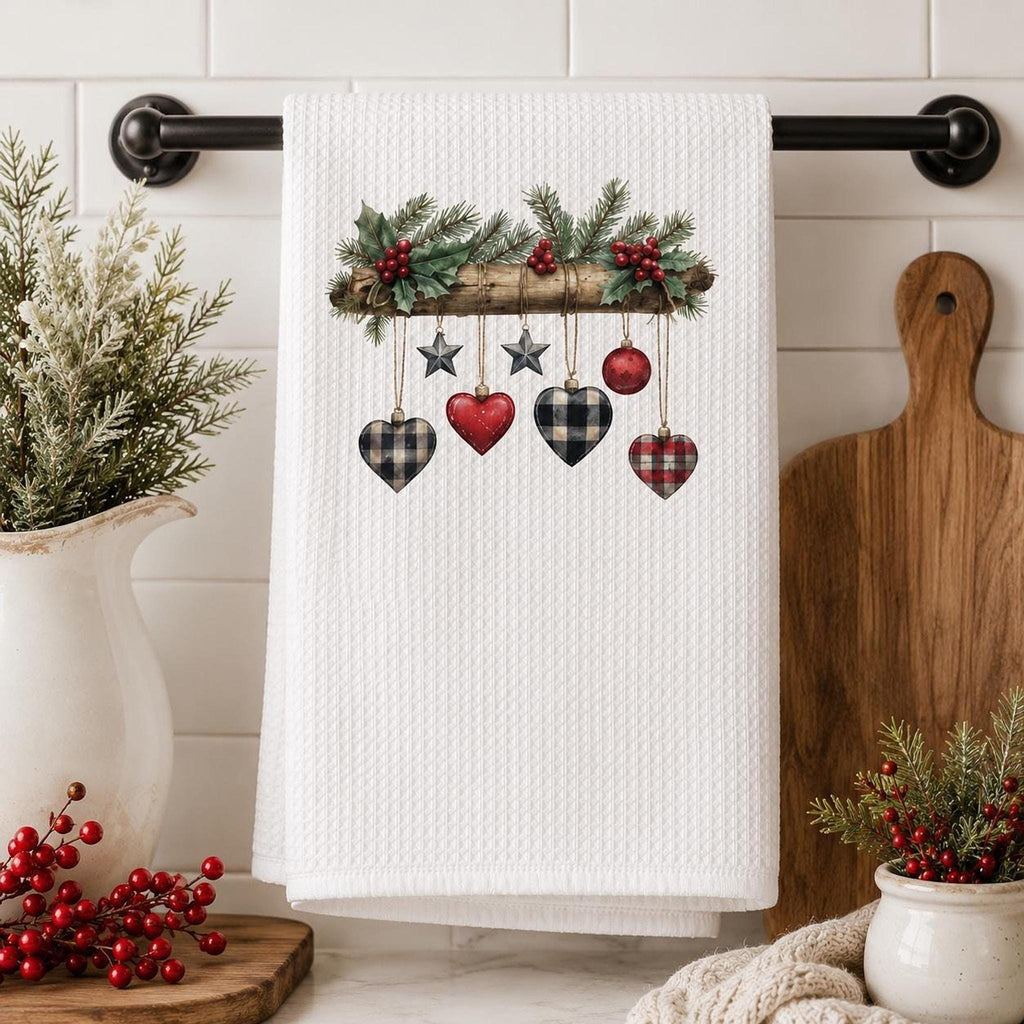 Rustic Christmas Waffle Towel with Plaid Heart Ornaments