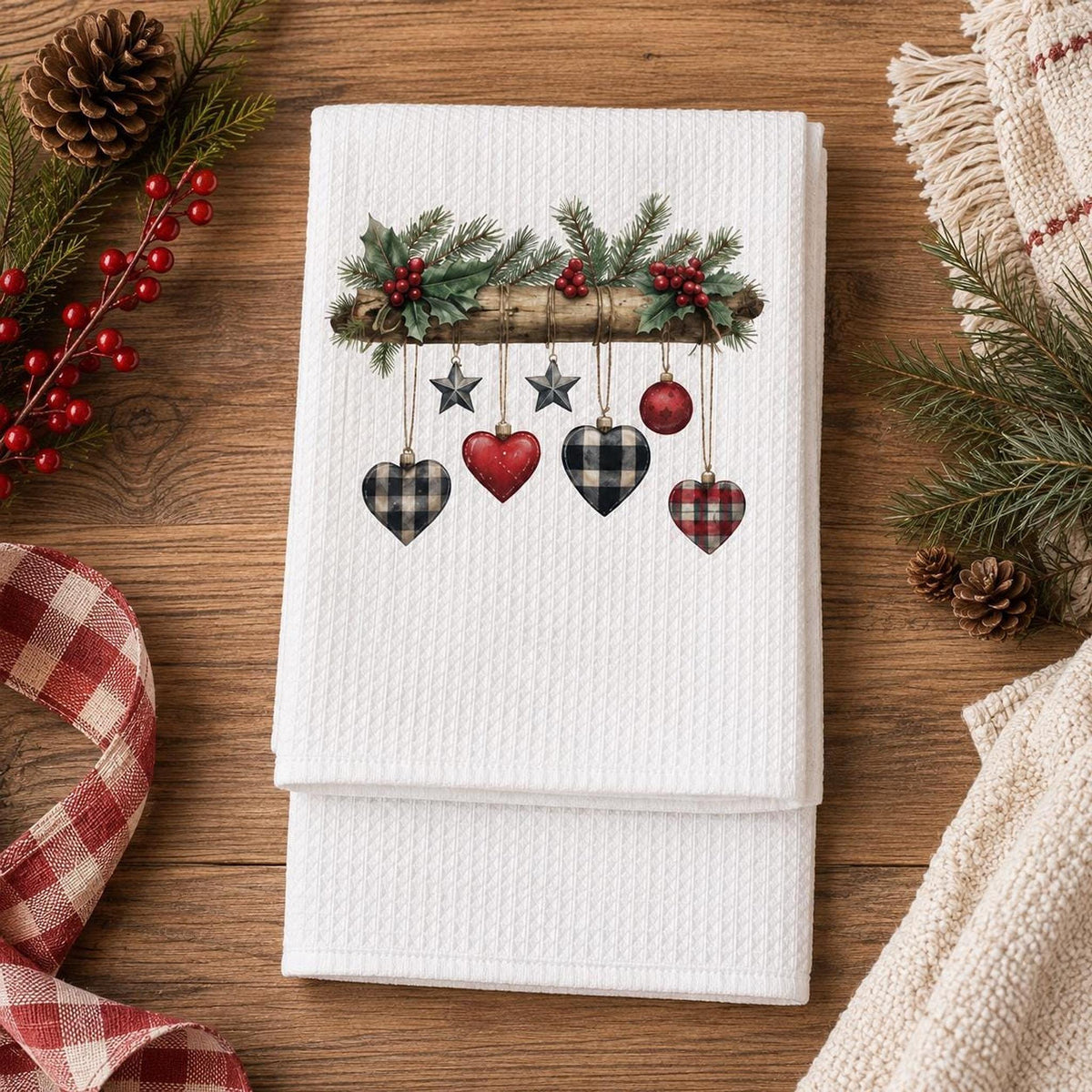 Rustic Christmas Waffle Towel with Plaid Heart Ornaments