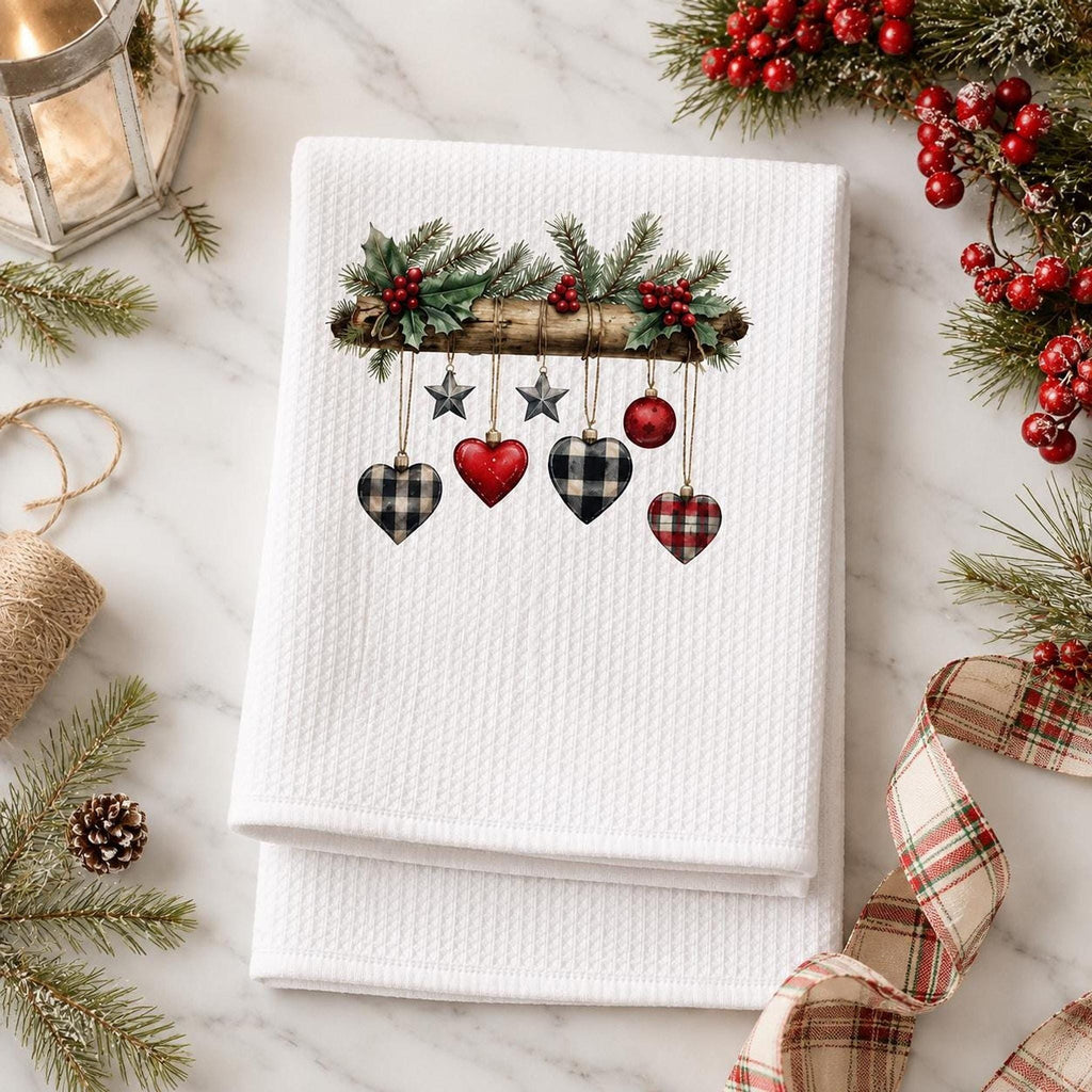 Rustic Christmas Waffle Towel with Plaid Heart Ornaments