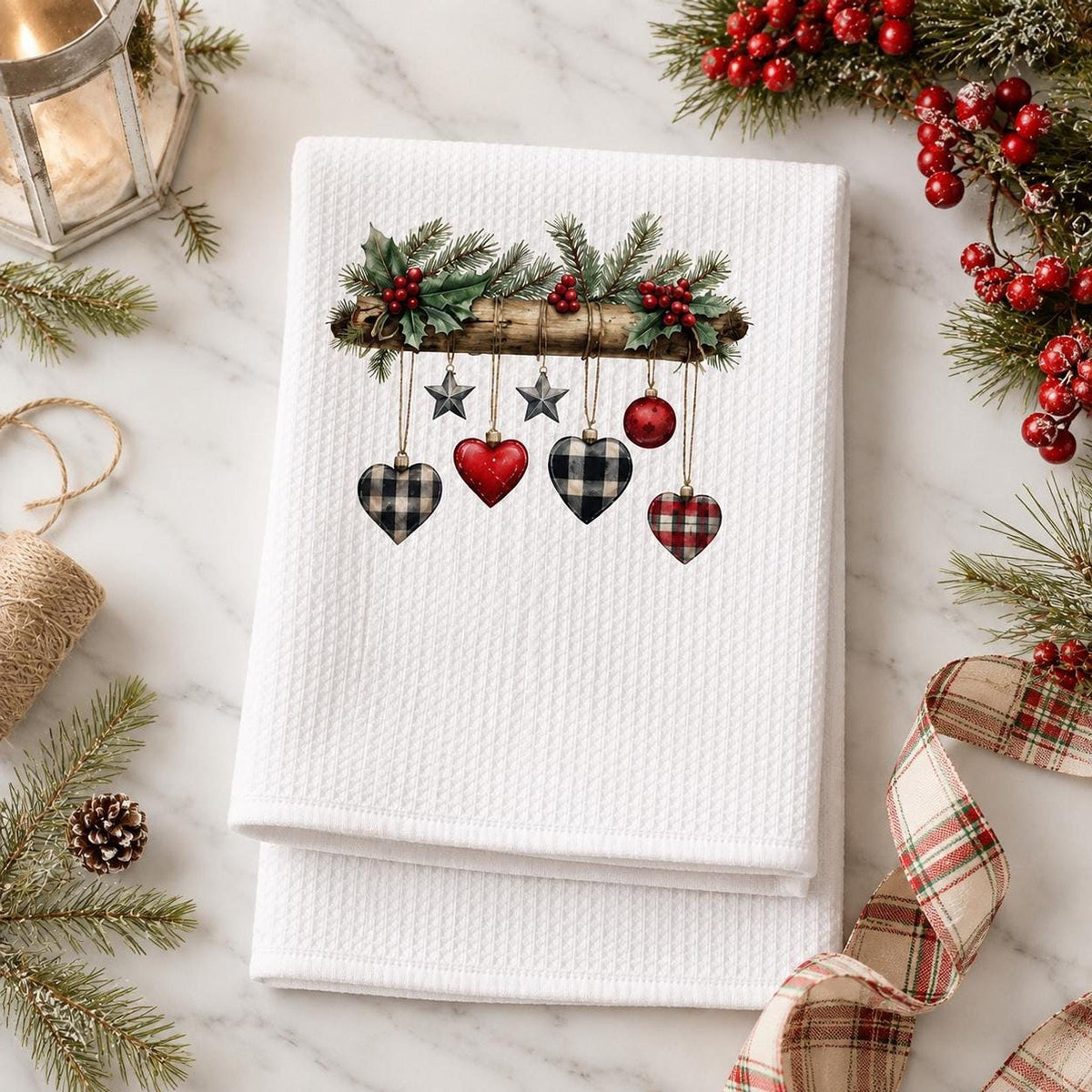 Rustic Christmas Waffle Towel with Plaid Heart Ornaments