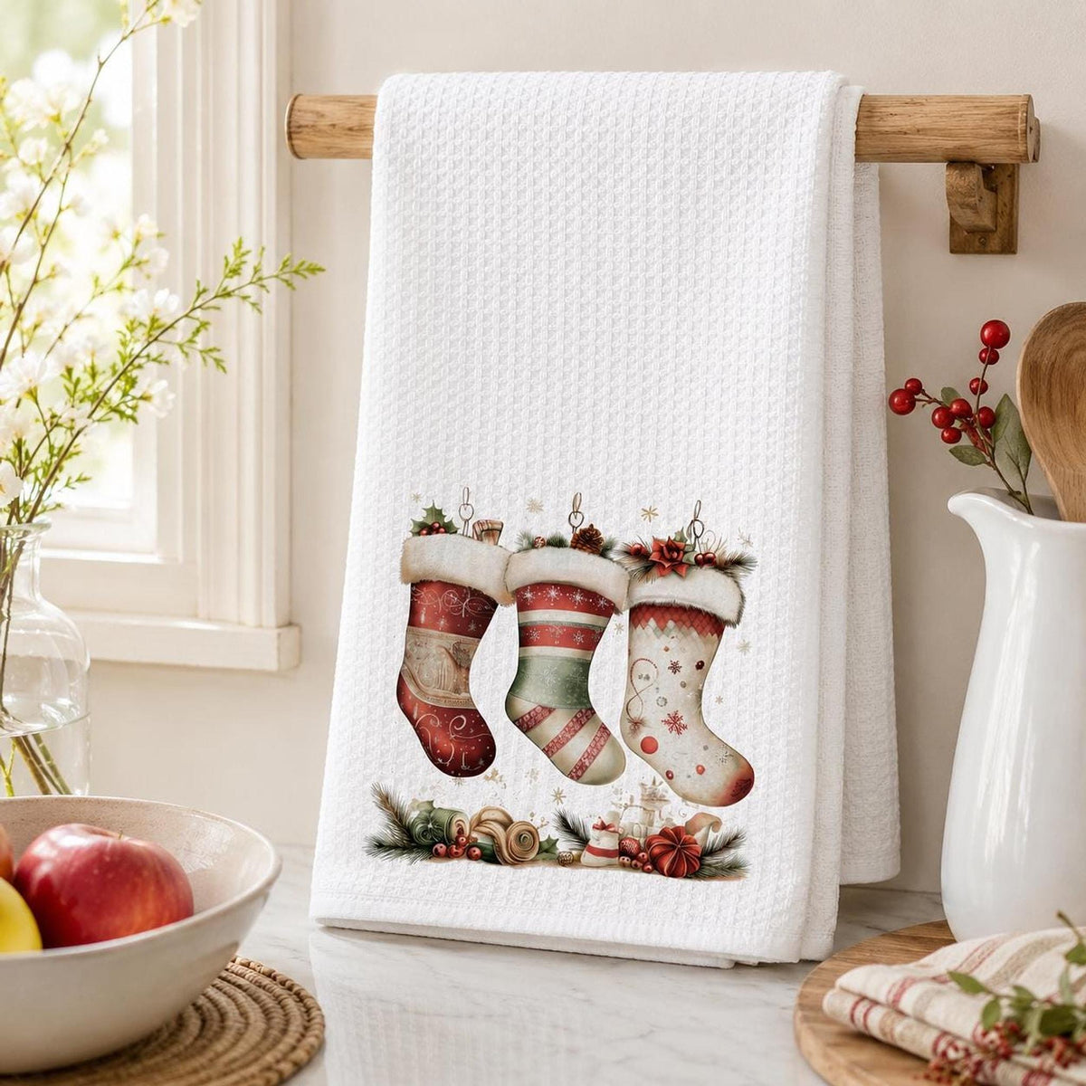 Holiday Towel with Christmas Stocking Design, Waffle Weave Kitchen Decor