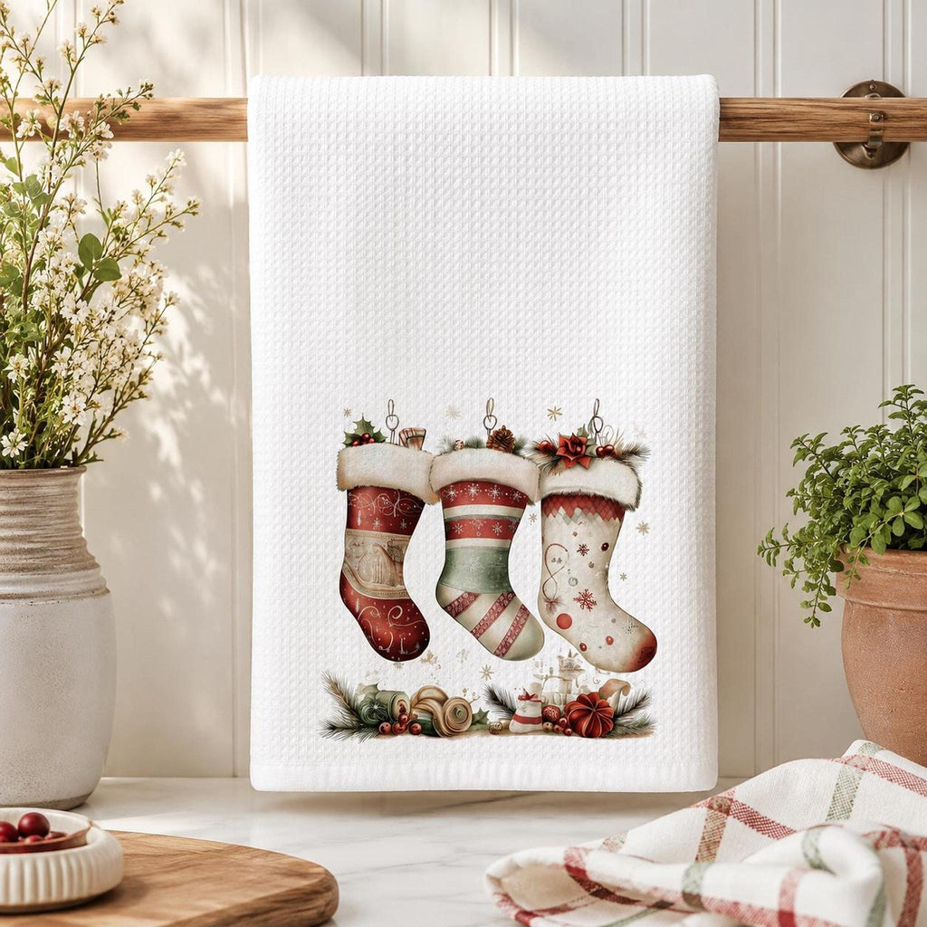 Holiday Towel with Christmas Stocking Design, Waffle Weave Kitchen Decor