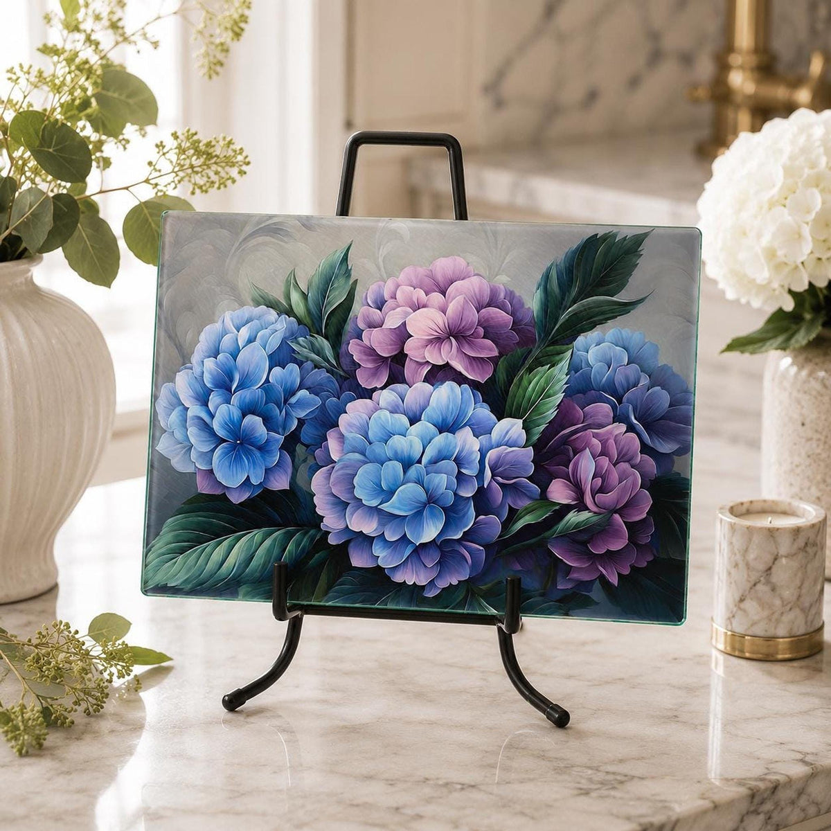 Hydrangea Glass Cutting Board, Floral Serving Tray with Tempered