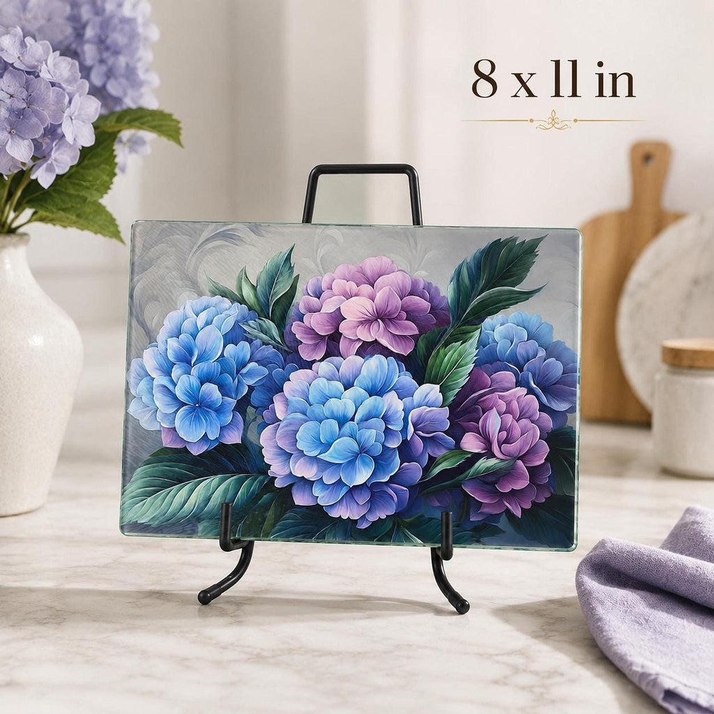 Hydrangea Glass Cutting Board, Floral Serving Tray with Tempered