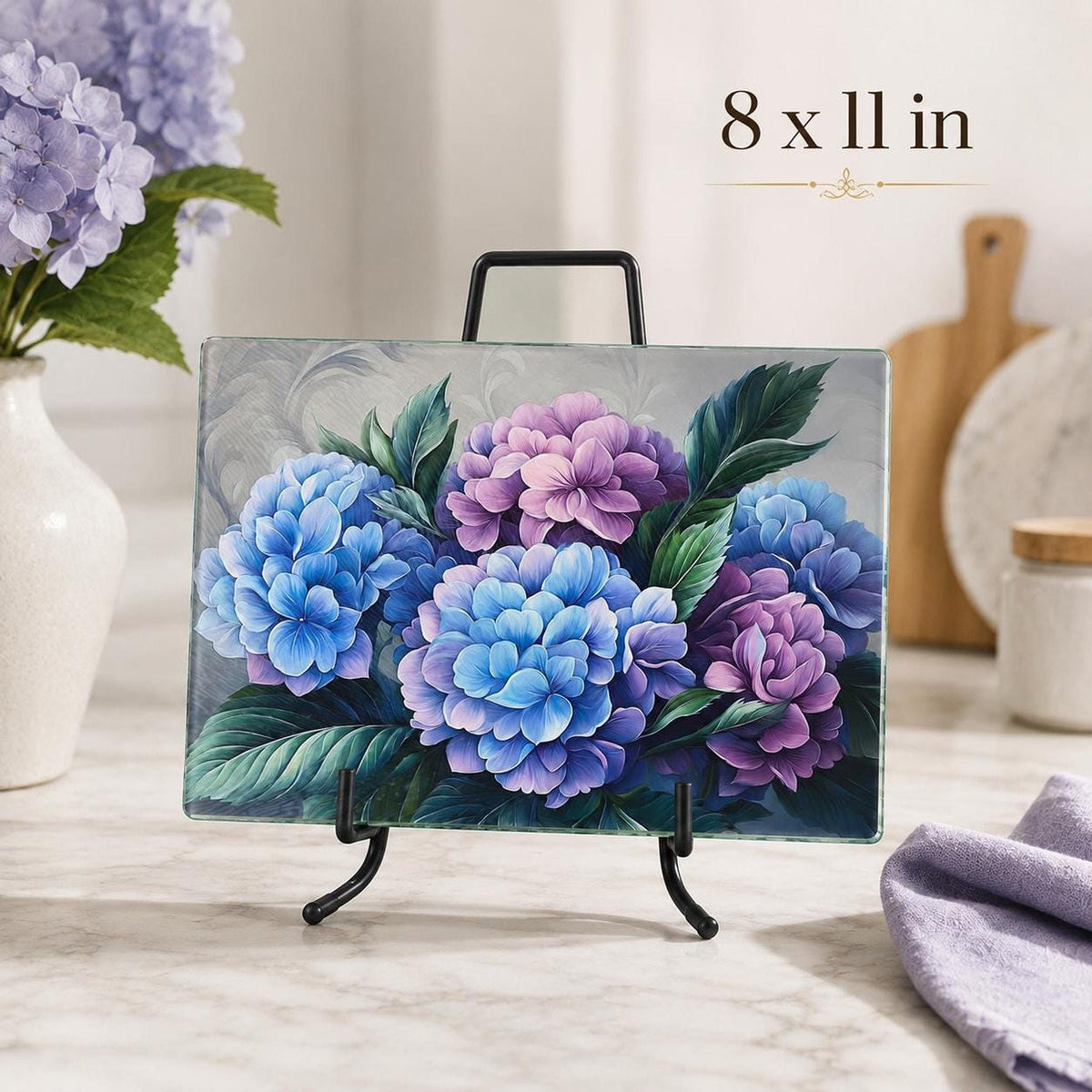 Hydrangea Glass Cutting Board, Floral Serving Tray with Tempered