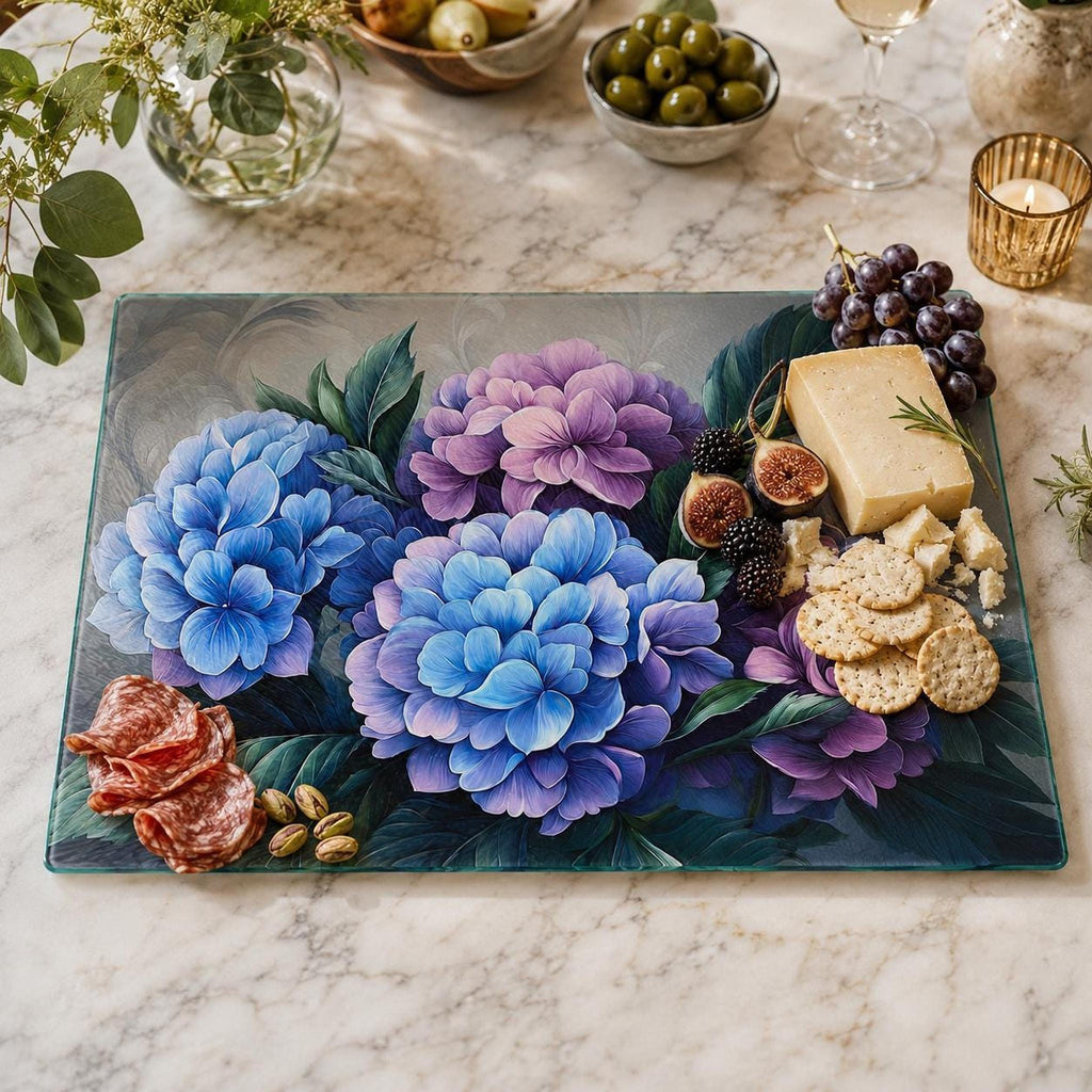 Hydrangea Glass Cutting Board, Floral Serving Tray with Tempered