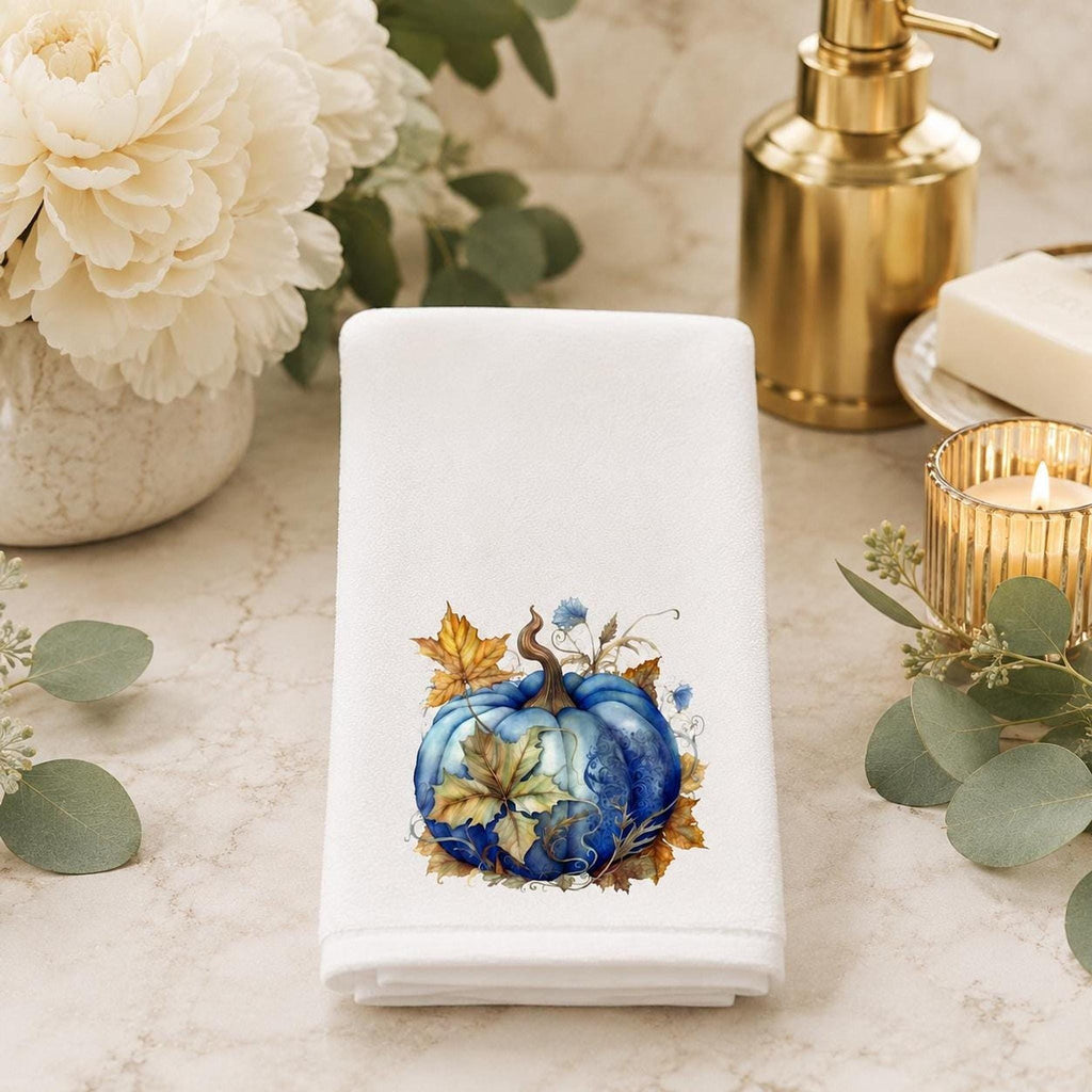 Blue Pumpkin Fingertip Towel with Autumn Leaves Design, Fall Decor