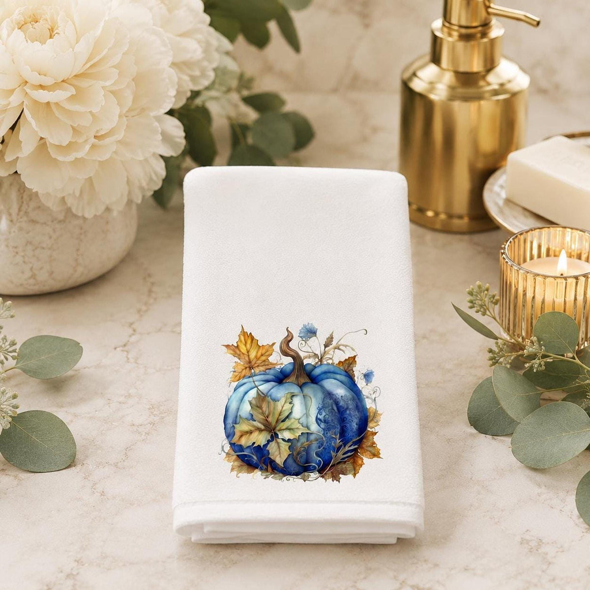 Blue Pumpkin Fingertip Towel with Autumn Leaves Design, Fall Decor