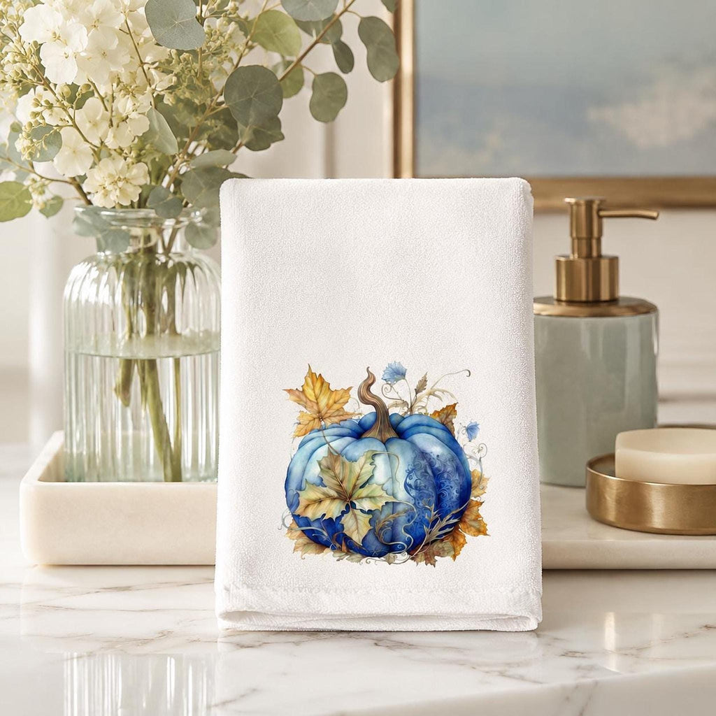 Blue Pumpkin Fingertip Towel with Autumn Leaves Design, Fall Decor