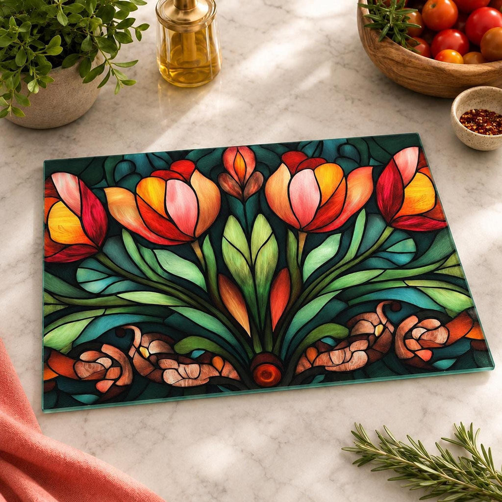 Colorful Floral Board, Tempered Glass Cutting and Charcuterie Tray