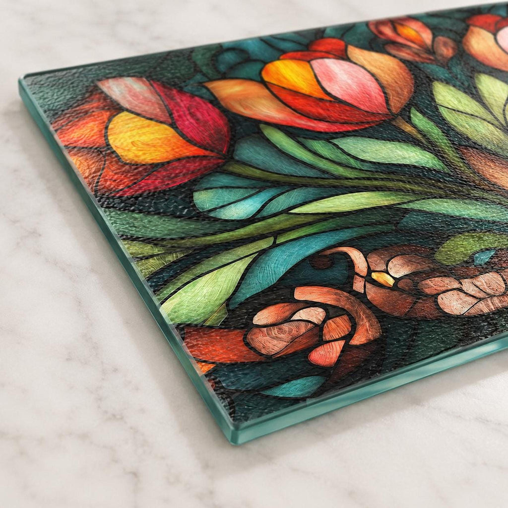 Colorful Floral Board, Tempered Glass Cutting and Charcuterie Tray
