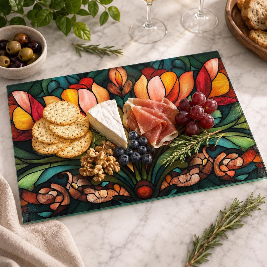 Colorful Floral Board, Tempered Glass Cutting and Charcuterie Tray