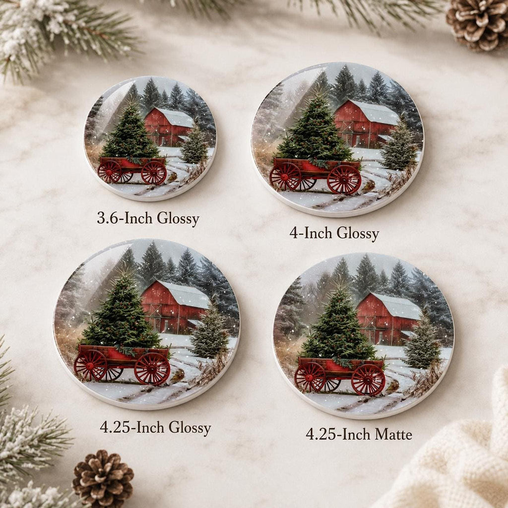 Christmas Coaster with Red Barn Design, Rustic Ceramic Drink