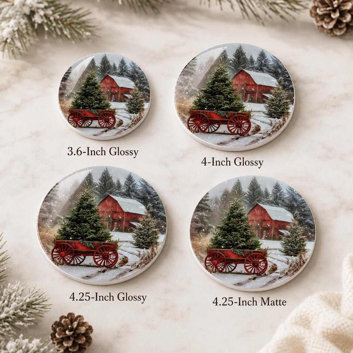 Christmas Coaster with Red Barn Design, Rustic Ceramic Drink