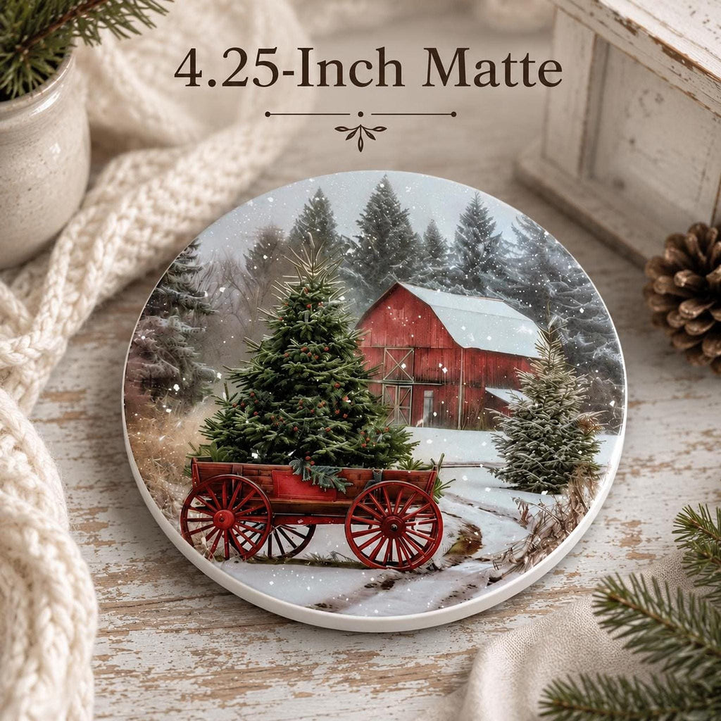 Christmas Coaster with Red Barn Design, Rustic Ceramic Drink