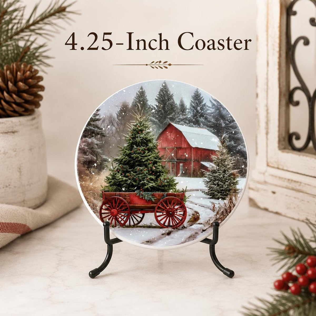 Christmas Coaster with Red Barn Design, Rustic Ceramic Drink