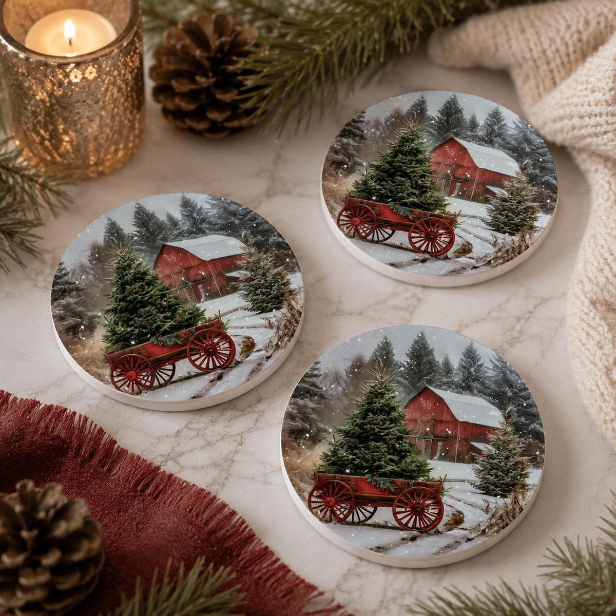 Christmas Coaster with Red Barn Design, Rustic Ceramic Drink