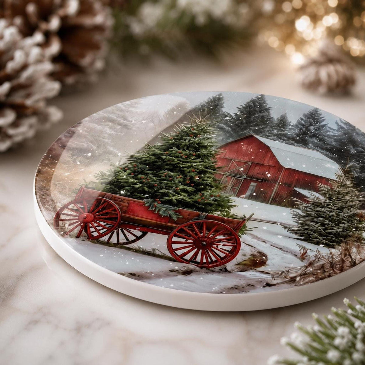 Christmas Coaster with Red Barn Design, Rustic Ceramic Drink