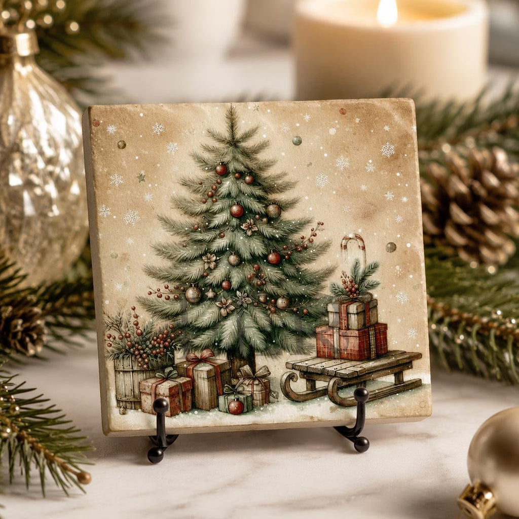 Christmas Coasters Set, Square Ceramic with Vintage Tree Designs