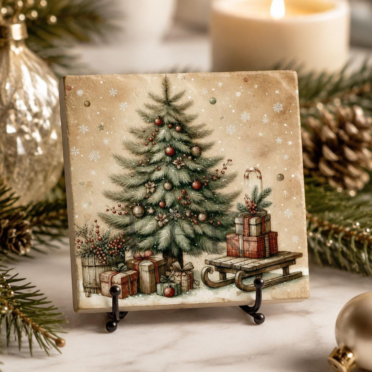 Christmas Coasters Set, Square Ceramic with Vintage Tree Designs