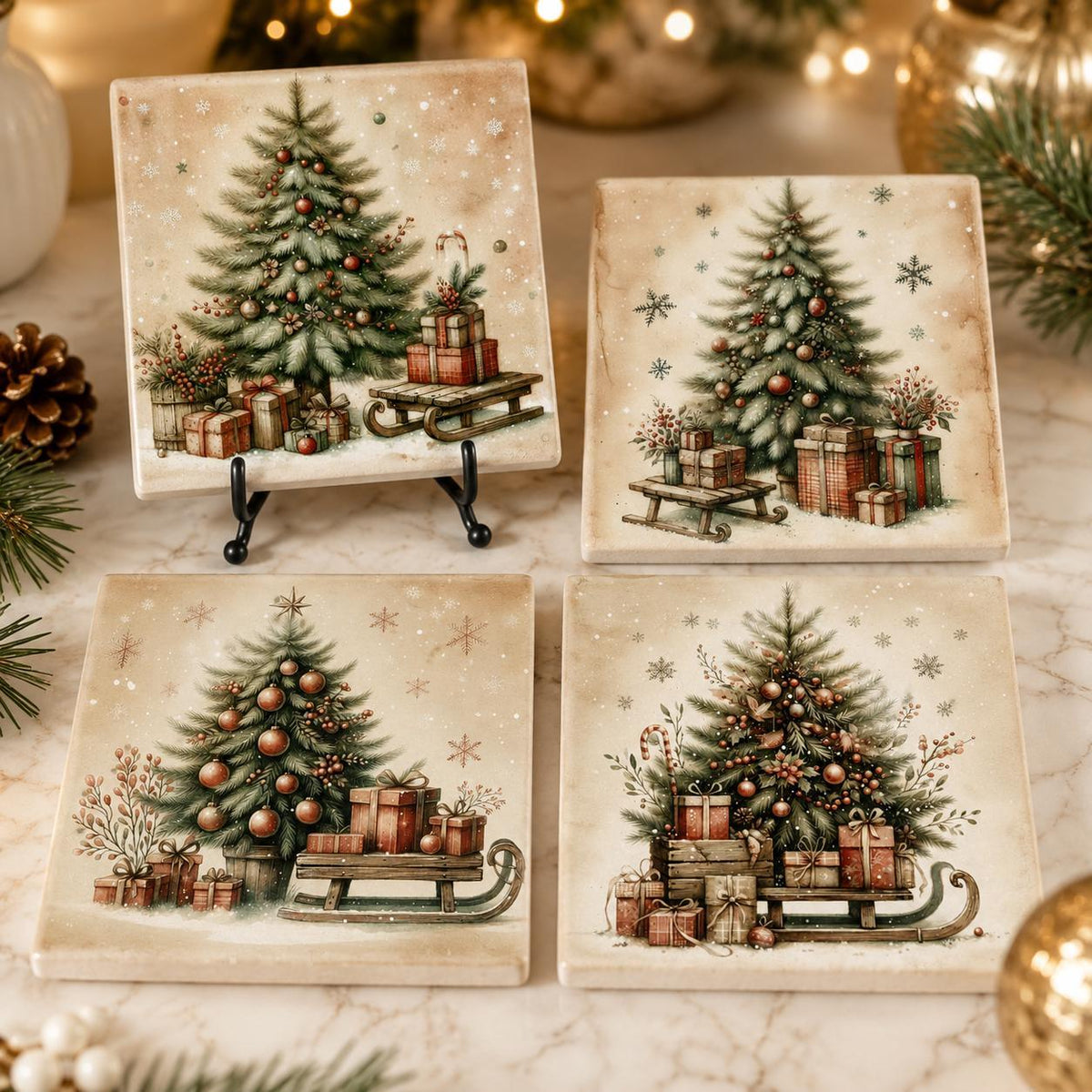 Christmas Coasters Set, Square Ceramic with Vintage Tree Designs