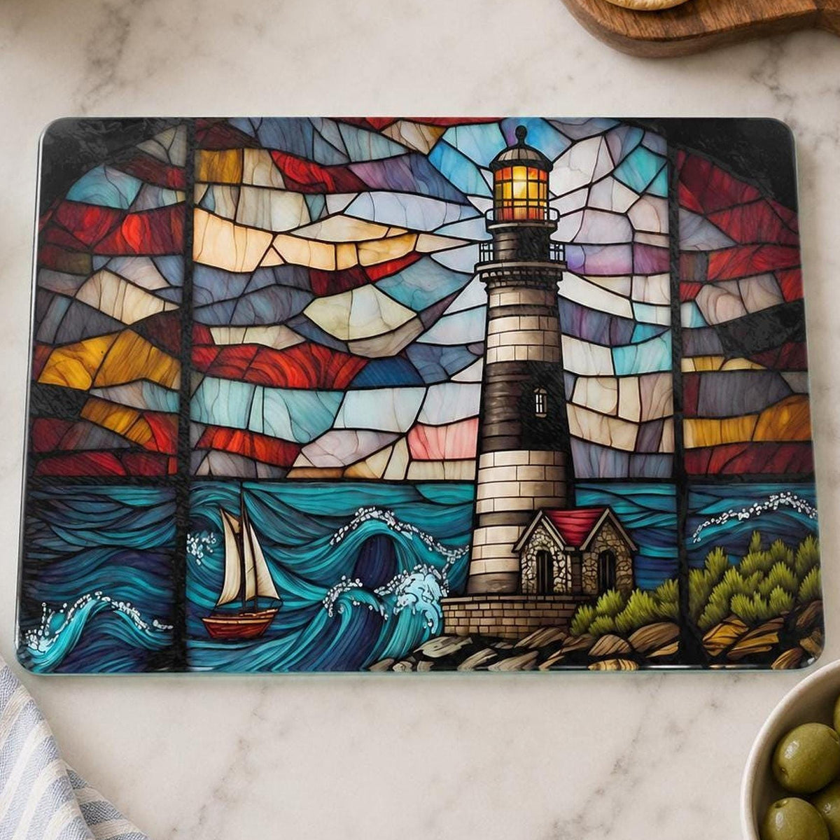 Lighthouse Glass Cutting Board, Coastal Serving Tray with Nautical Design