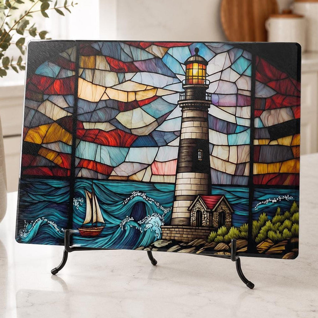 Lighthouse Glass Cutting Board, Coastal Serving Tray with Nautical Design