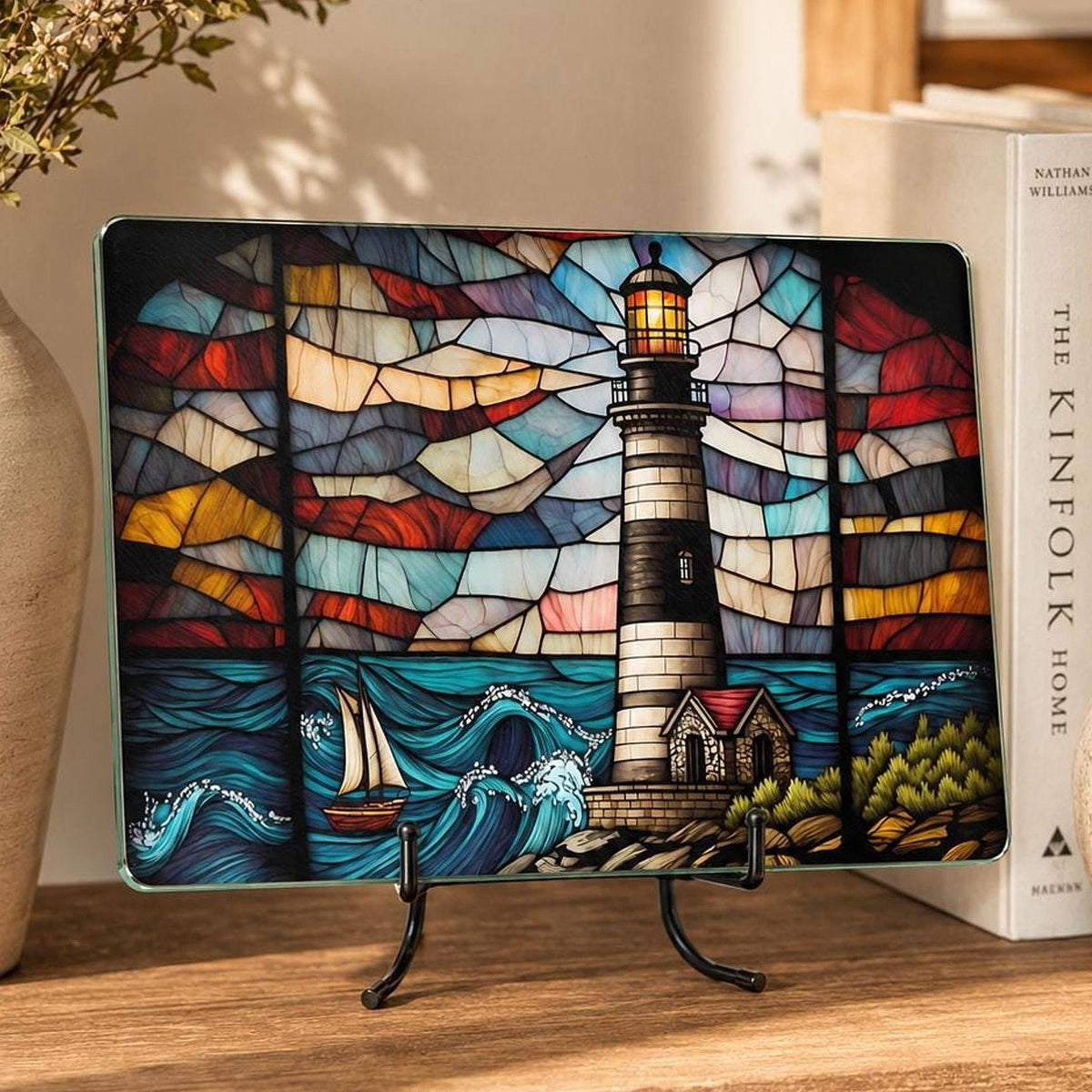 Lighthouse Glass Cutting Board, Coastal Serving Tray with Nautical Design