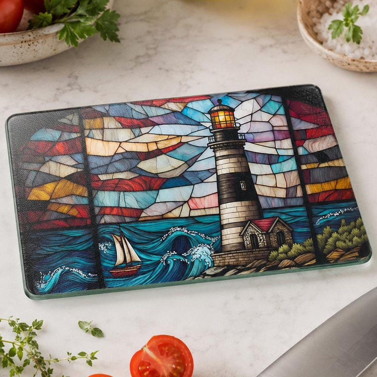 Lighthouse Glass Cutting Board, Coastal Serving Tray with Nautical Design