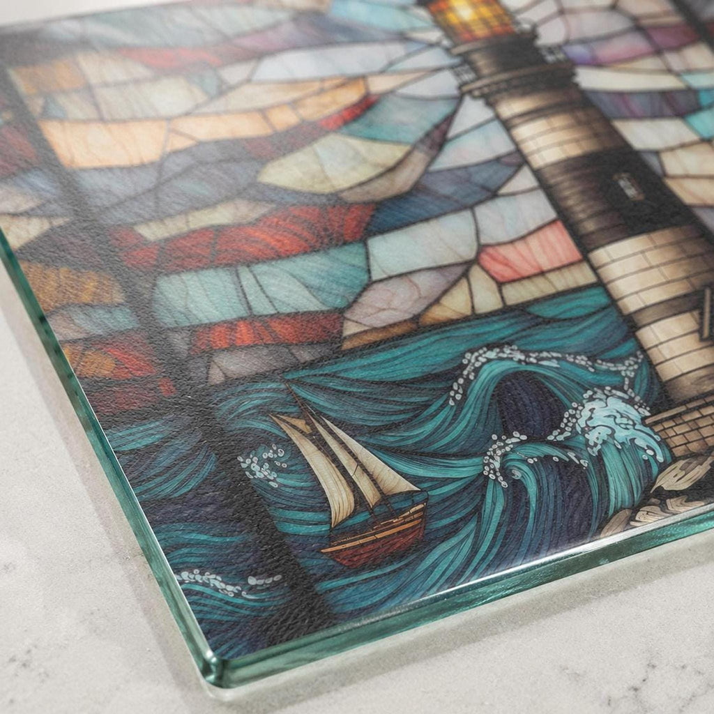 Lighthouse Glass Cutting Board, Coastal Serving Tray with Nautical Design