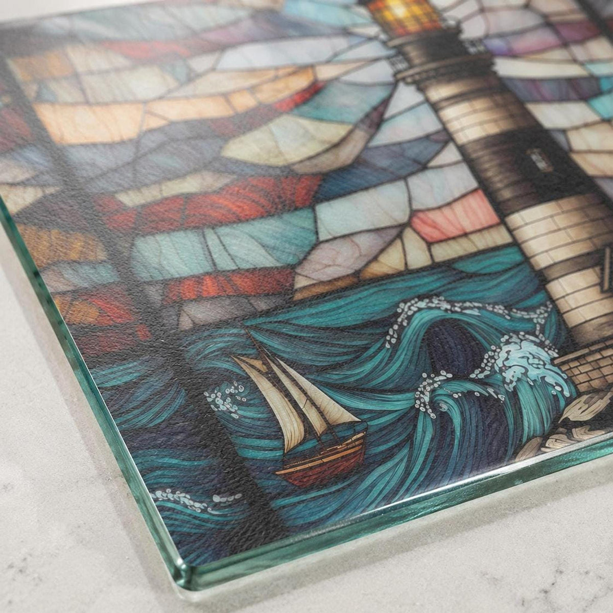 Lighthouse Glass Cutting Board, Coastal Serving Tray with Nautical Design