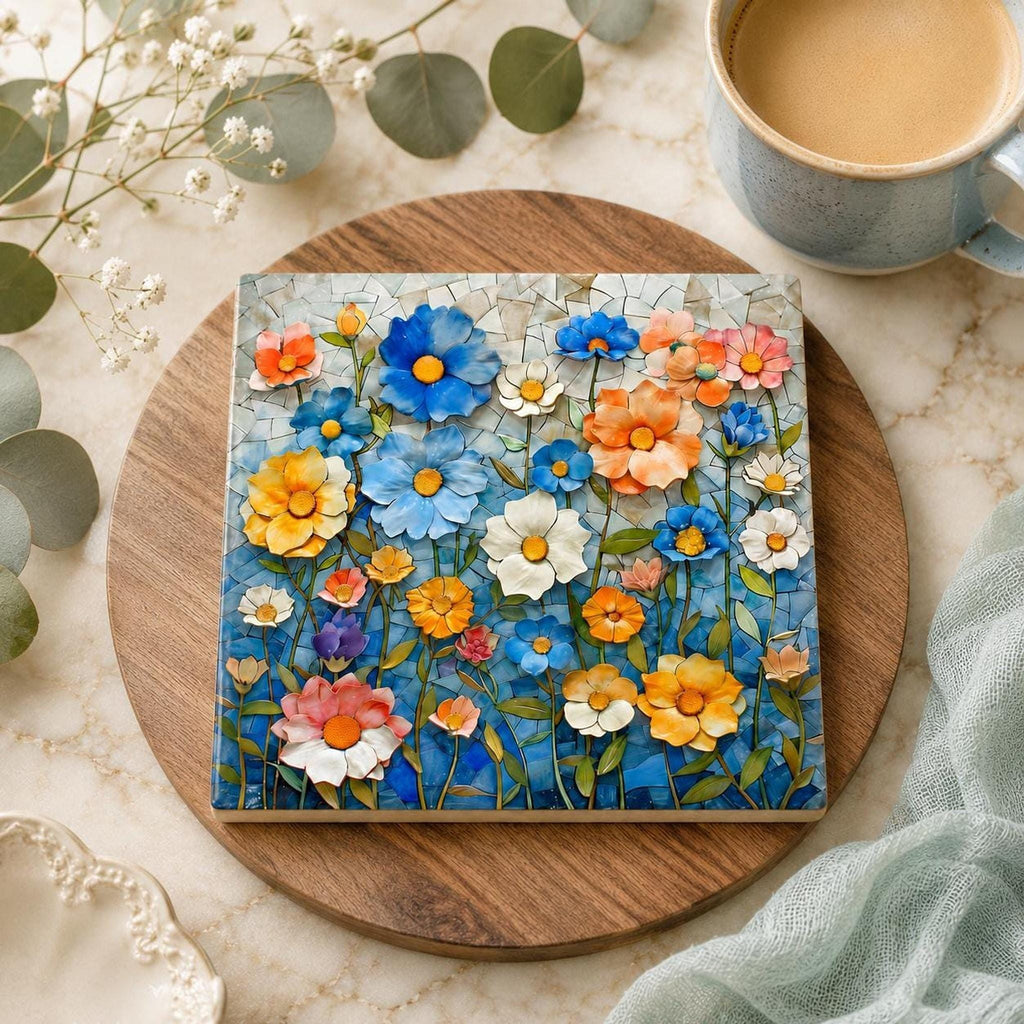 Floral Coaster, Square Ceramic with Mosaic Blue Flower Design
