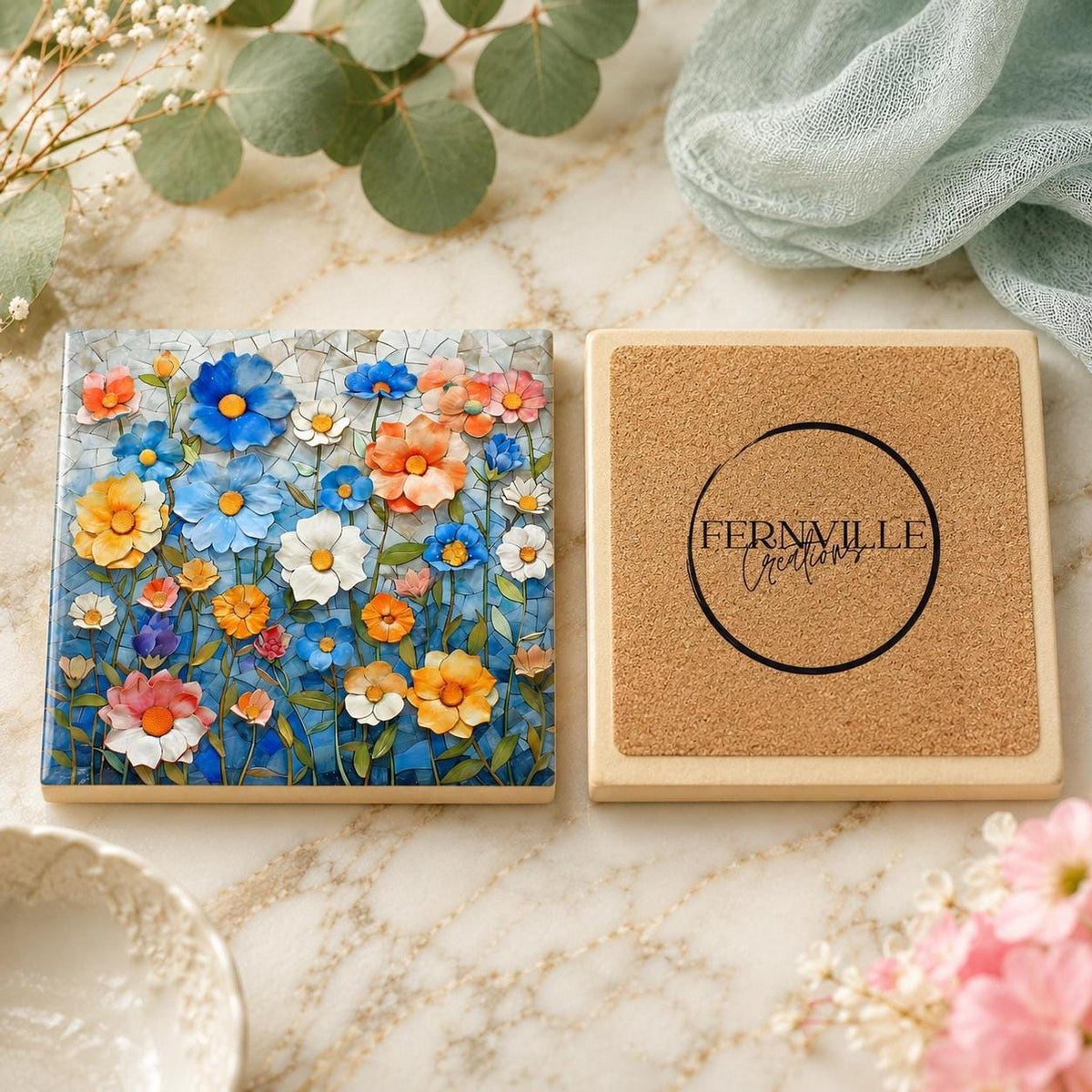 Floral Coaster, Square Ceramic with Mosaic Blue Flower Design