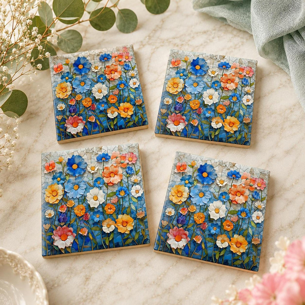 Floral Coaster, Square Ceramic with Mosaic Blue Flower Design