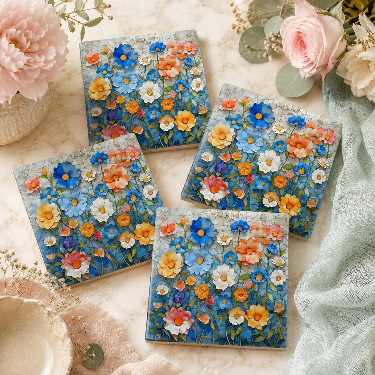 Floral Coaster, Square Ceramic with Mosaic Blue Flower Design