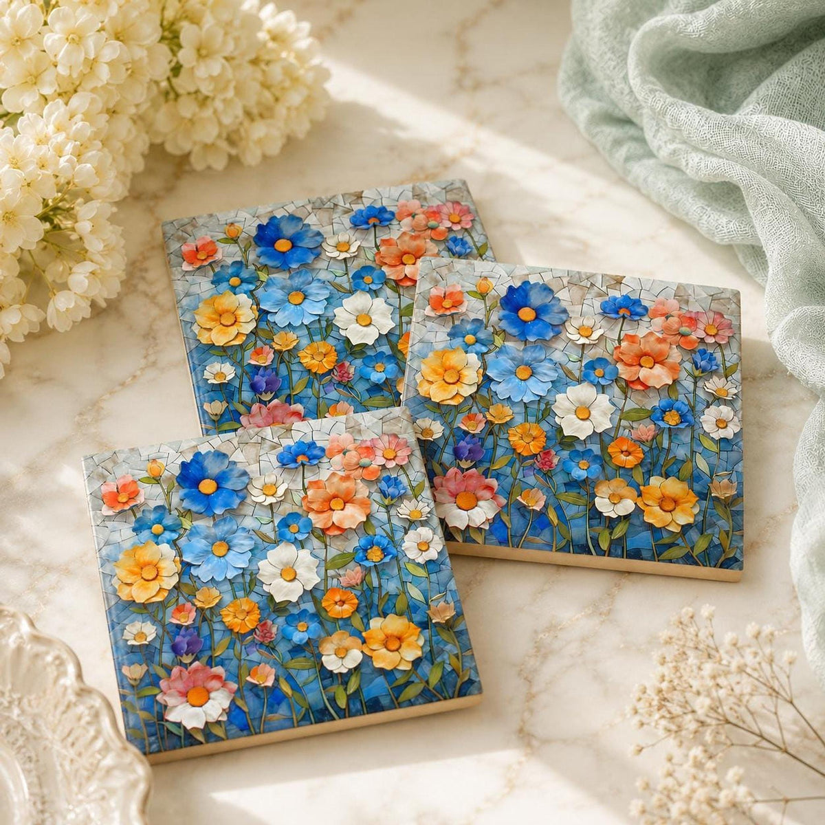 Floral Coaster, Square Ceramic with Mosaic Blue Flower Design