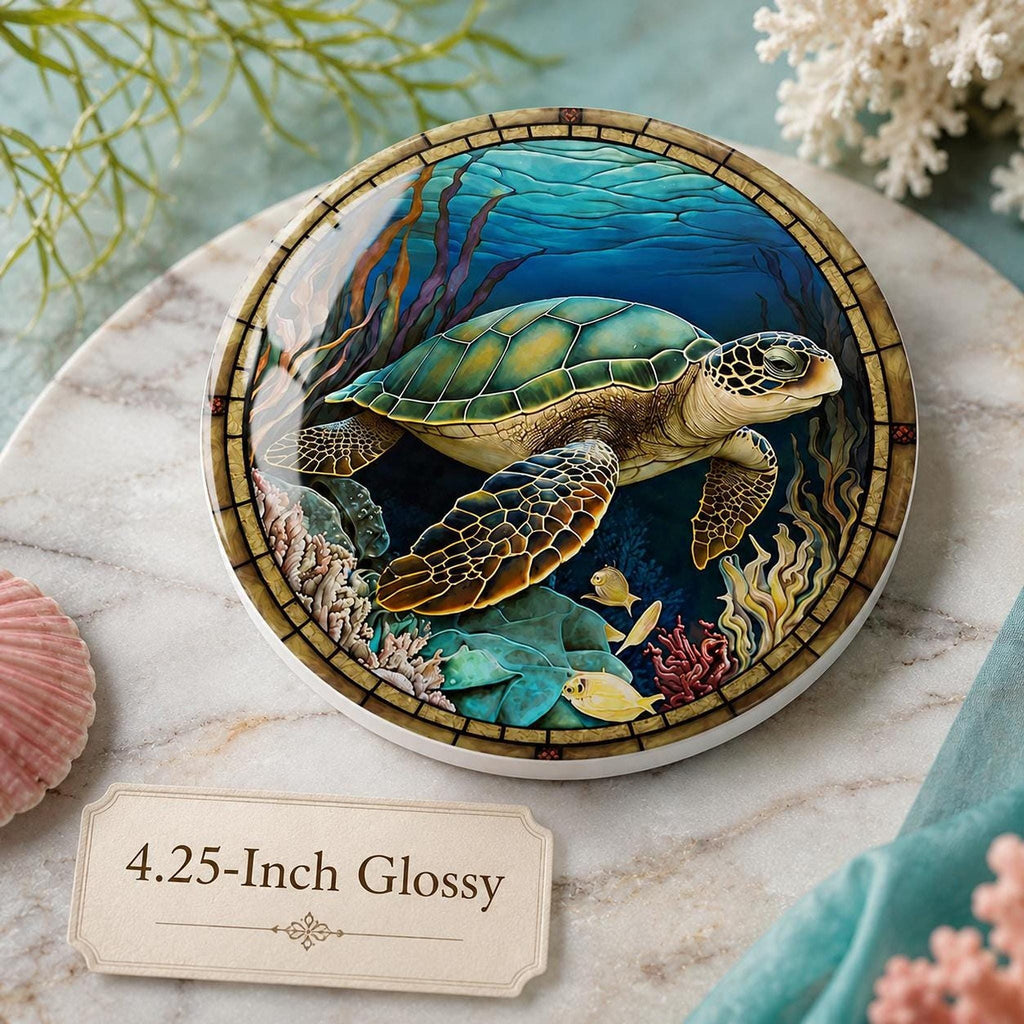 Sea Turtle Coaster, Colorful Ceramic Drink with Ocean Design