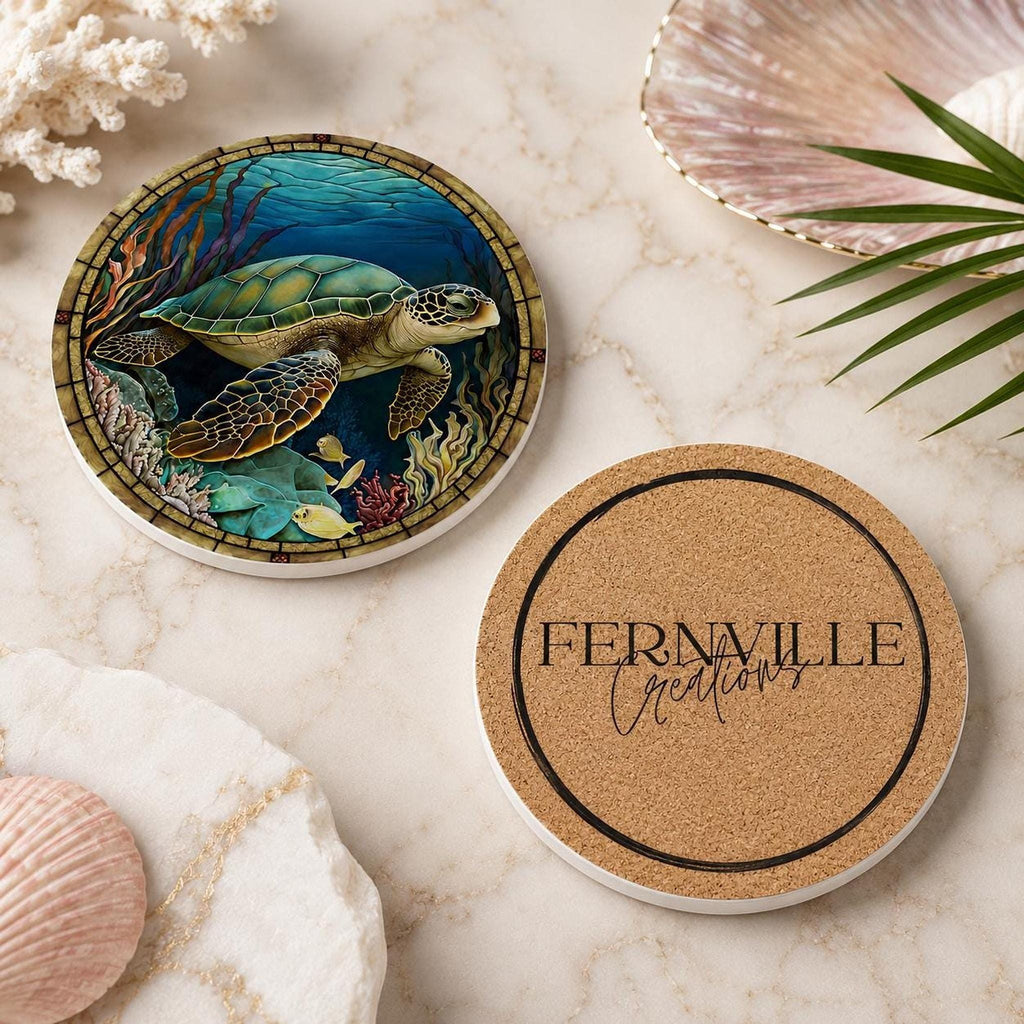Sea Turtle Coaster, Colorful Ceramic Drink with Ocean Design