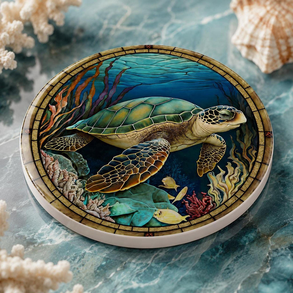 Sea Turtle Coaster, Colorful Ceramic Drink with Ocean Design