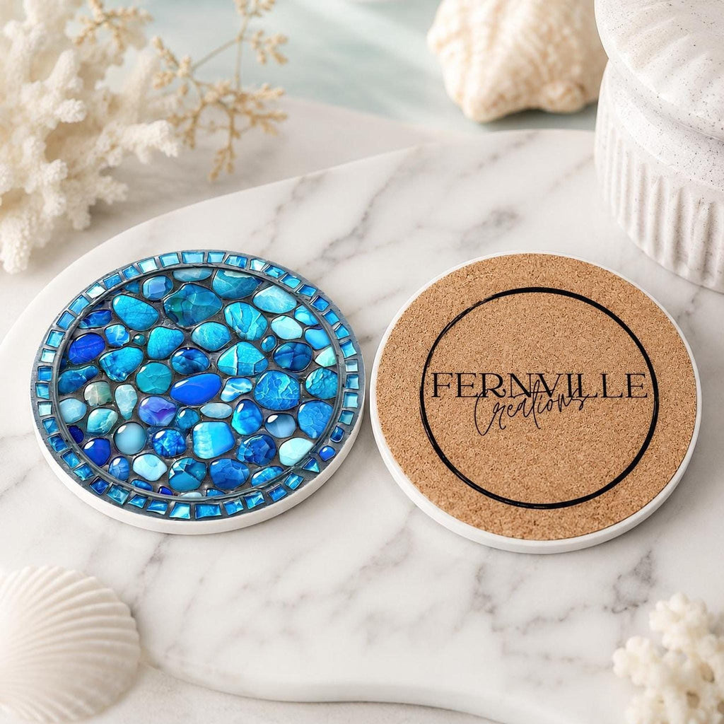 Coastal Coaster with Blue Stone Print, Round Ceramic Drink