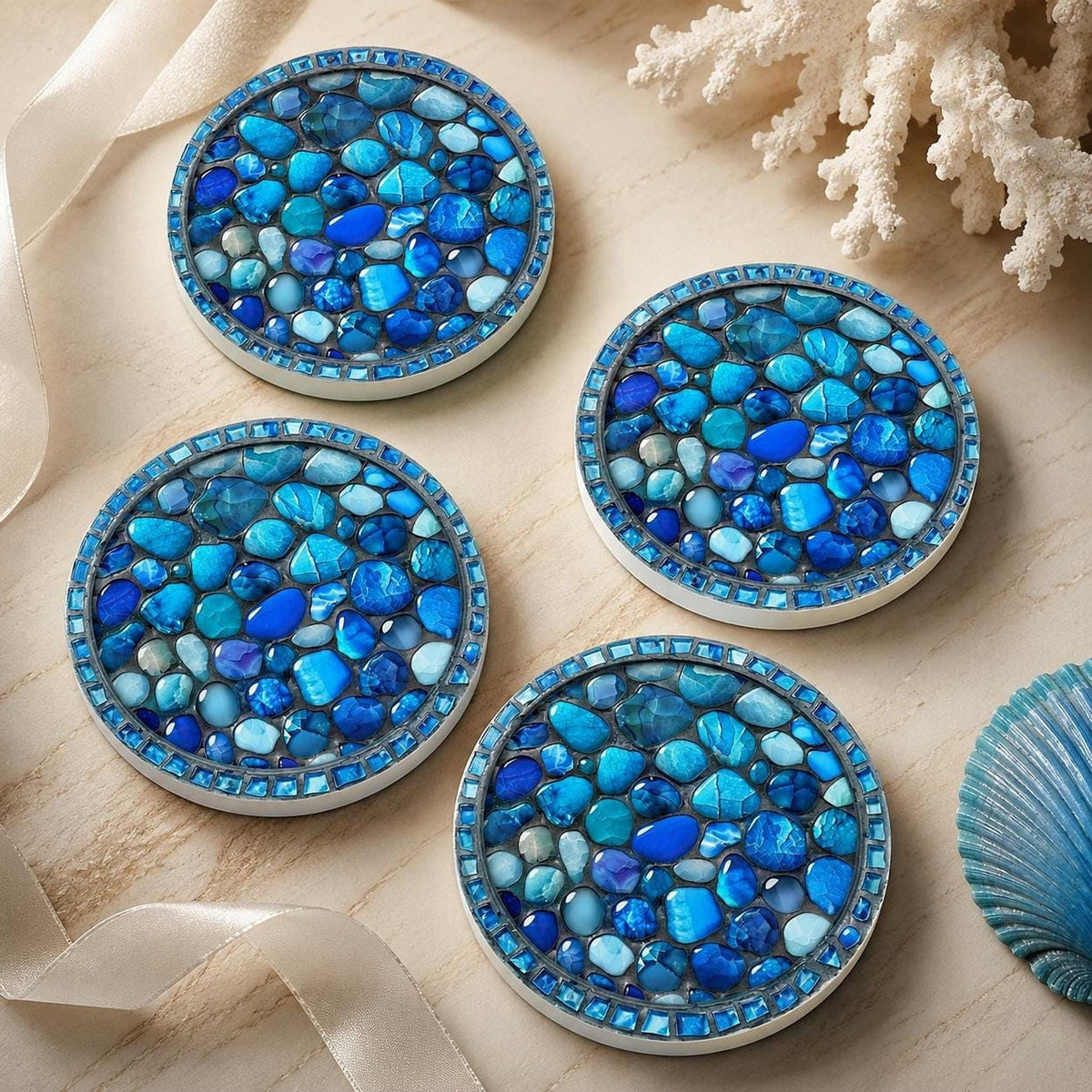 Coastal Coaster with Blue Stone Print, Round Ceramic Drink