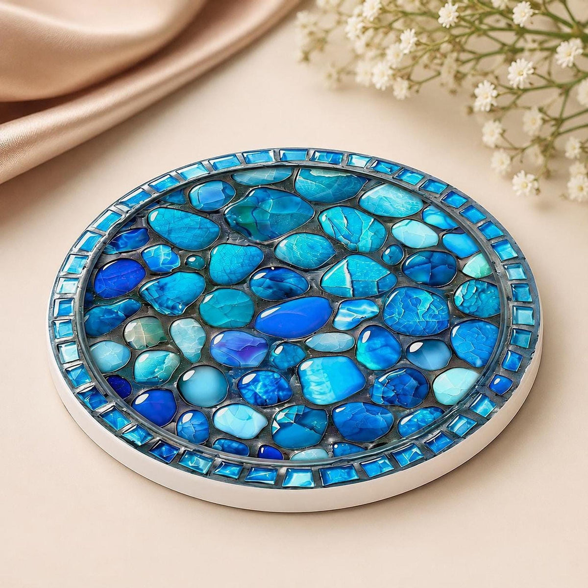 Coastal Coaster with Blue Stone Print, Round Ceramic Drink