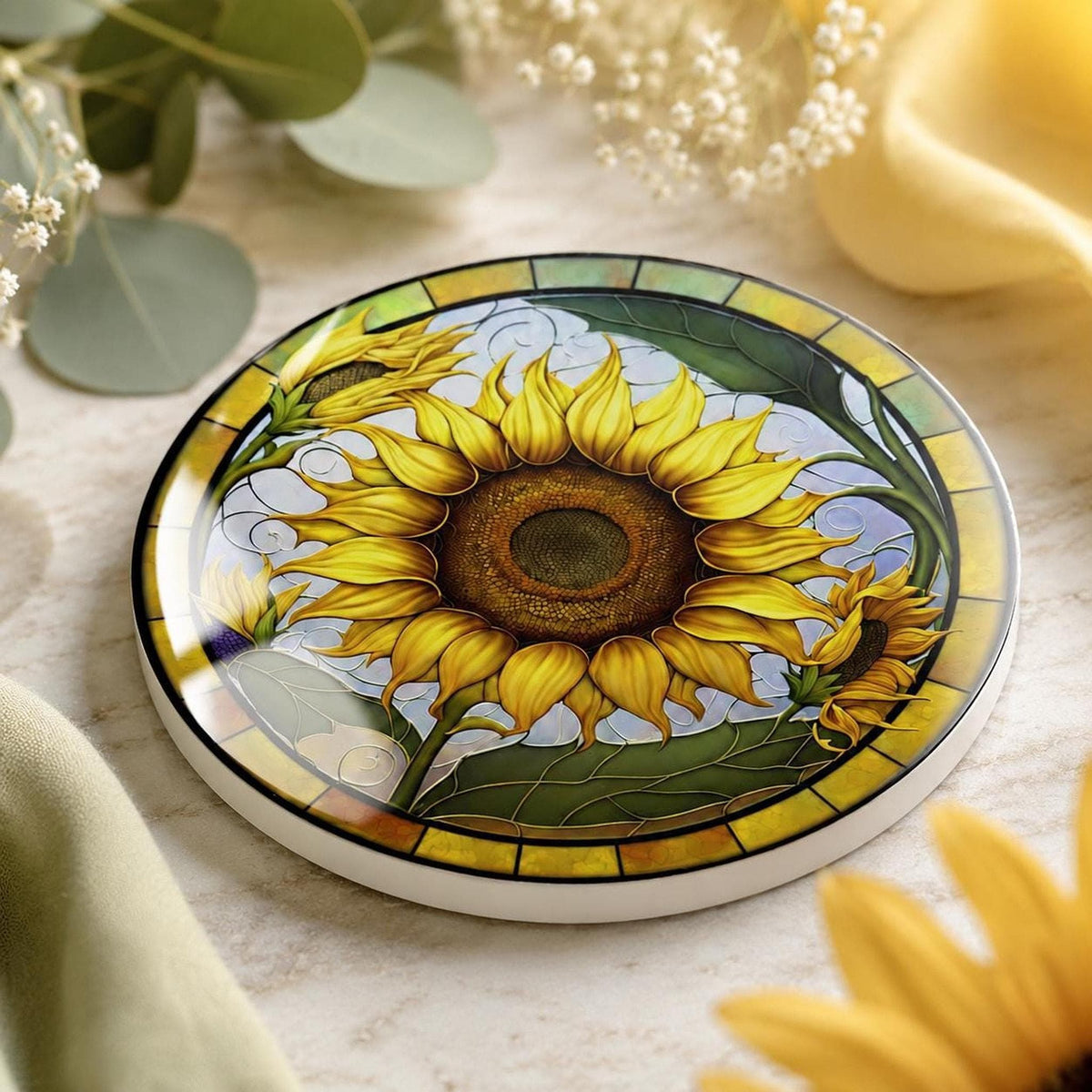 Sunflower Coaster, Round Ceramic Mat with Bright Botanical Design