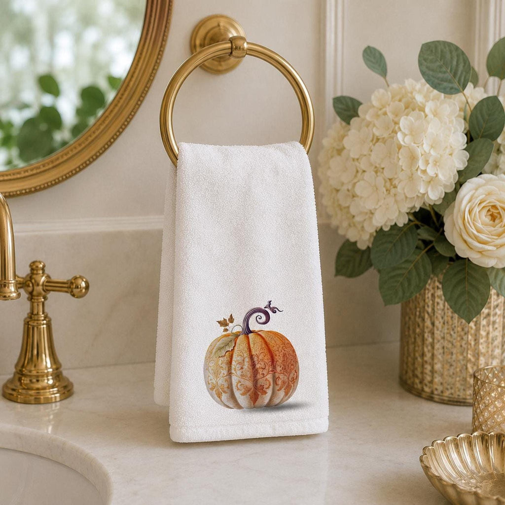 Fingertip Towel, Orange Pumpkin Print with 100% Cotton Terry Back