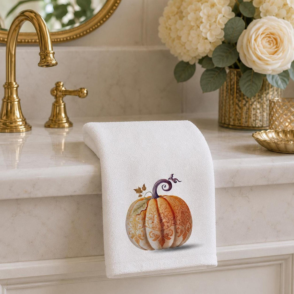 Fingertip Towel, Orange Pumpkin Print with 100% Cotton Terry Back