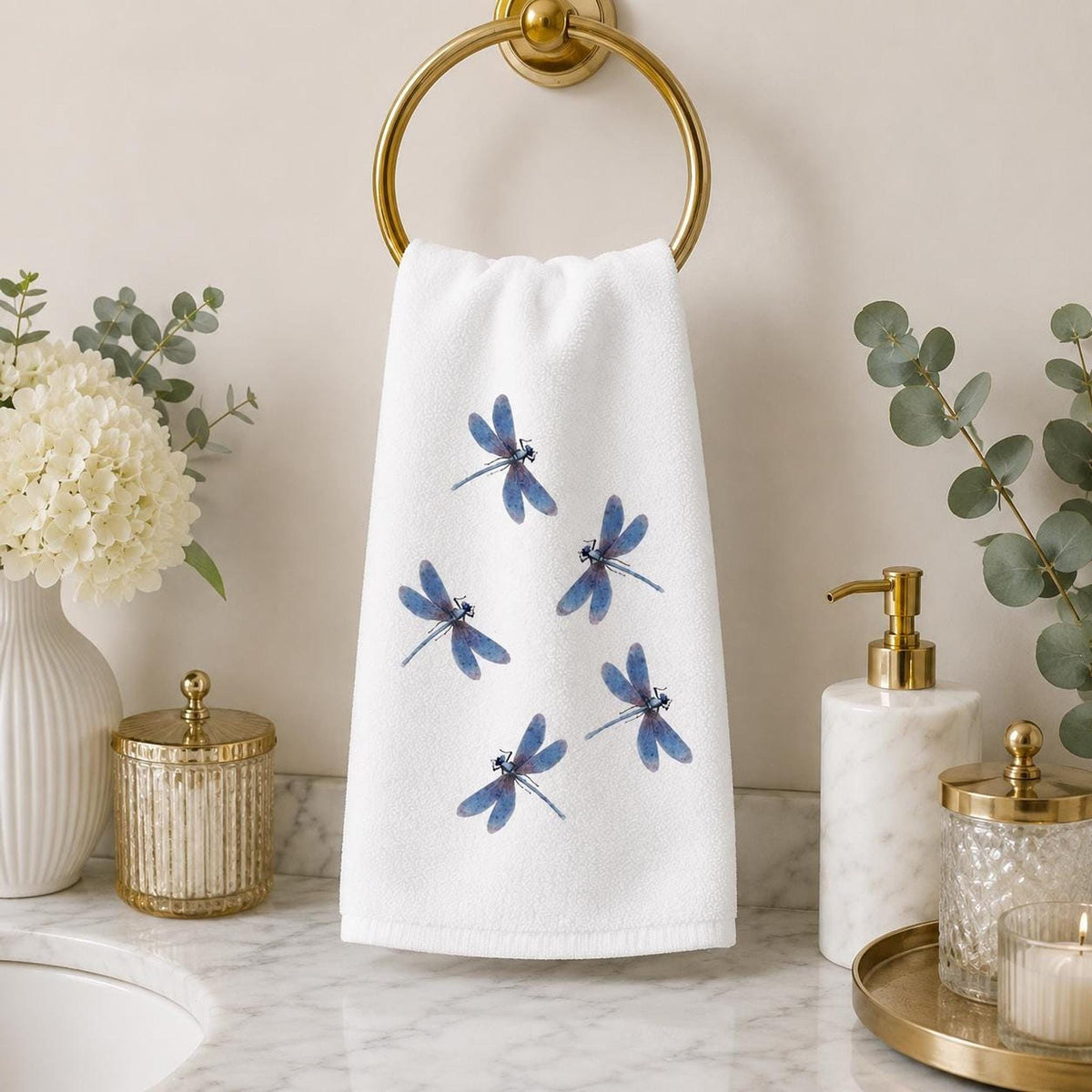 Dragonfly Hand Towel, Blue Watercolor Design on Soft White Fabric