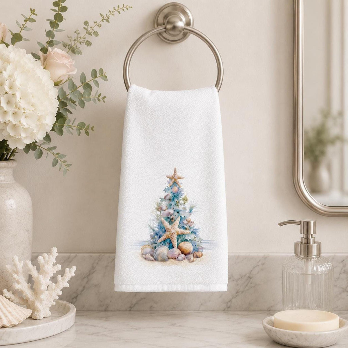 Seashell Towel, Coastal Christmas Decor with Starfish Tree, 15 × 25 Inches