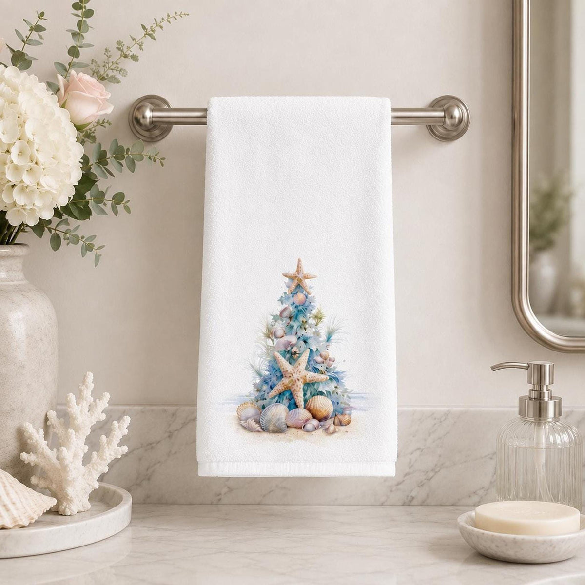 Seashell Towel, Coastal Christmas Decor with Starfish Tree, 15 × 25 Inches