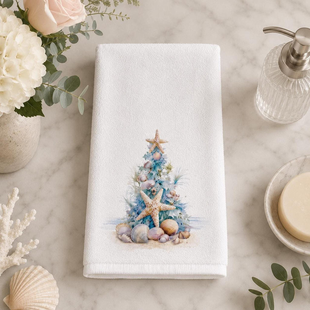 Seashell Towel, Coastal Christmas Decor with Starfish Tree, 15 × 25 Inches