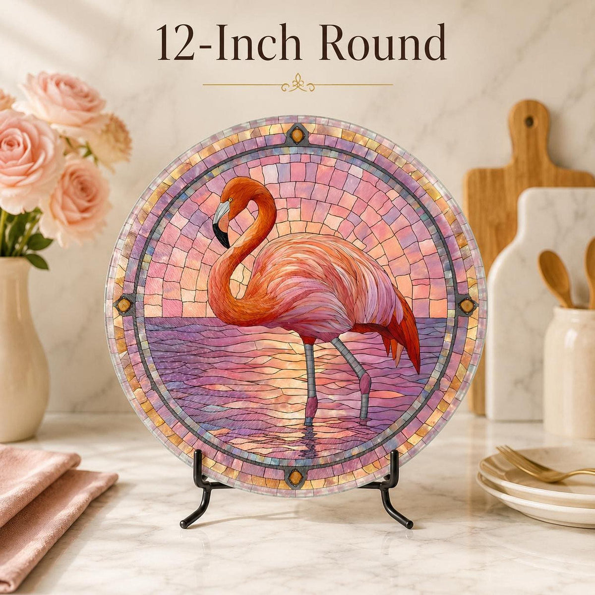 Serving Cheese Board, Pink Tempered Glass with Flamingo Stained-Glass Design